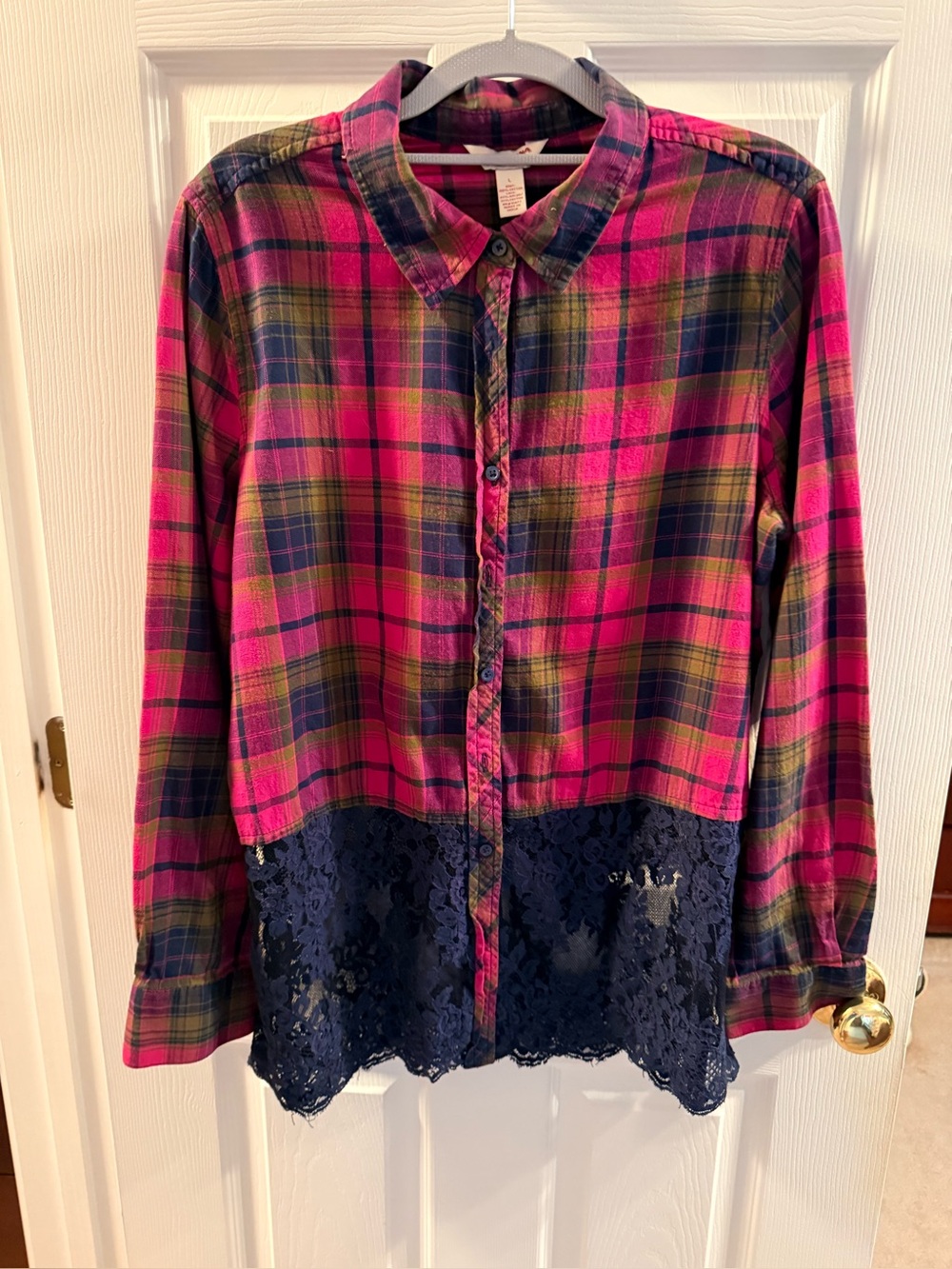 Arizona Shirt Button-Up Pink Plaid Mesh/Lace Bottom Sleeve Womens L